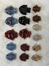 16 Italian Glass Fish Beads, Red, Blue, White, Brown Metallic 1 and Under
