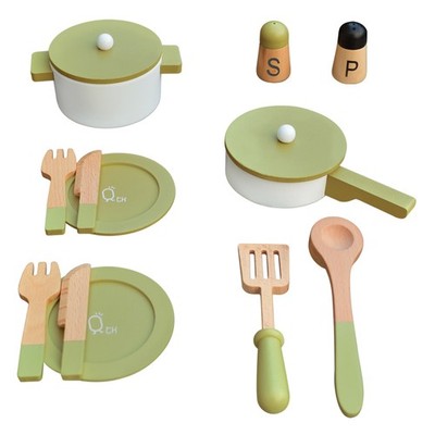 Little Chef 14 pcs Wooden Play Kitchen Cookware Accessory Set Green