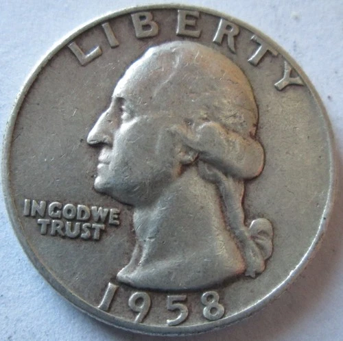 1958-D WASHINGTON QUARTER, 90% SILVER, AU/MS CONDITION, CIRCULATED, NOT CLEANED
