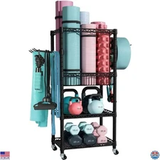 3-Tier Home Gym Storage Organizer on Wheels for Yoga Mats, Dumbbells & More