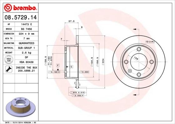 Disque de frein 08.5729.14 BREMBO anti vibration au freinage pour CITROËN Xsara