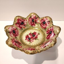 Antique Royal Kinran Nippon Hand Painted Porcelain Bowl Gold Gilt & Beading 9.7"