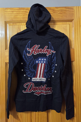 ストロベリーシュガー✦HARLEY−DAVIDSON✦ 革ジャン Harley-Davidson Hoodie Womens XS Black Full Zip Rhinestone #1 USA