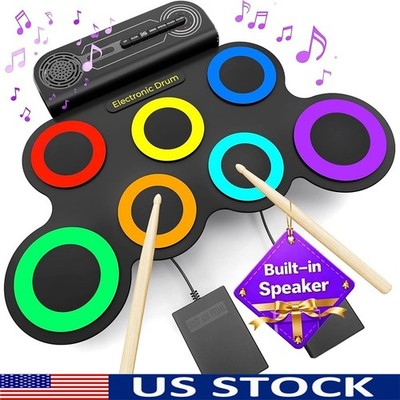 Electric Drum Set W/ Built-in Speakers Rechargeable Portable Kids Musical Toy US