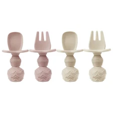 PandaEar 4 Pack Silicone Baby Spoons Forks Feeding Set, Toddler Pink Blonde 