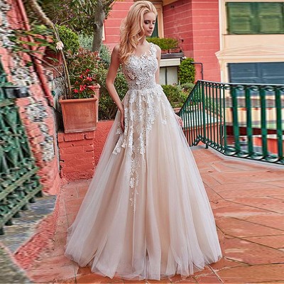 Classic A Line Wedding Dresses Lace Applique O-Neck Sleeveless Bridal Gowns  | eBay