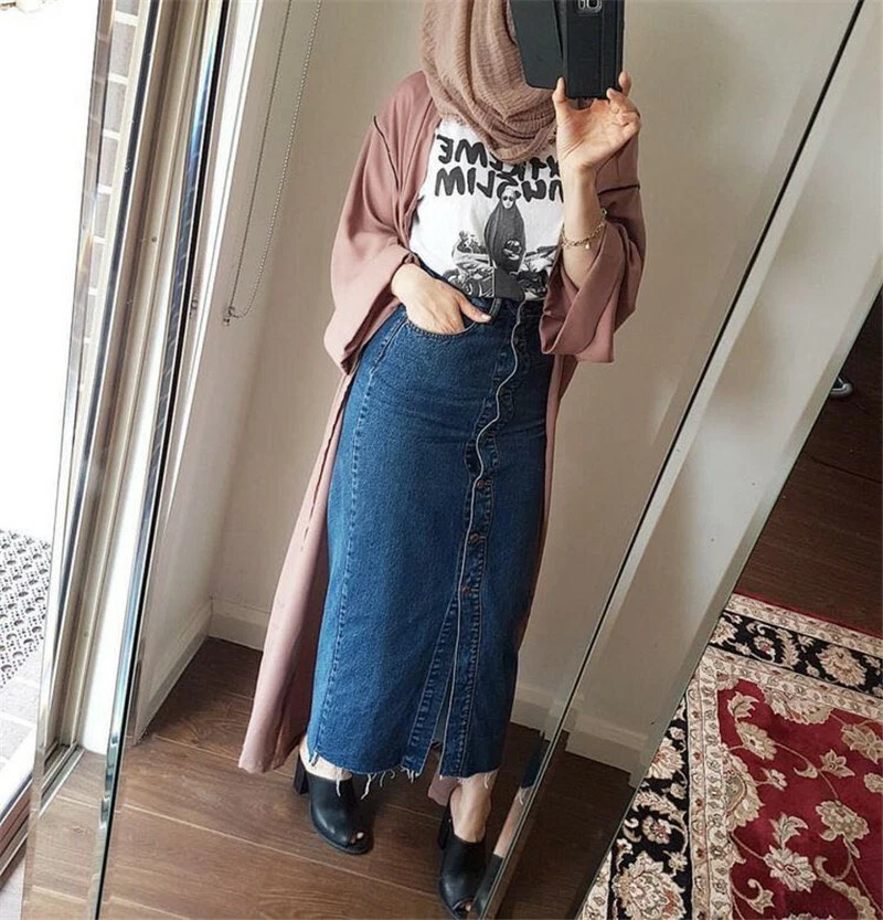 High Waist Button Long Denim Skirt Women Jeans Pencil Bodycon Maxi Skirts  Muslim