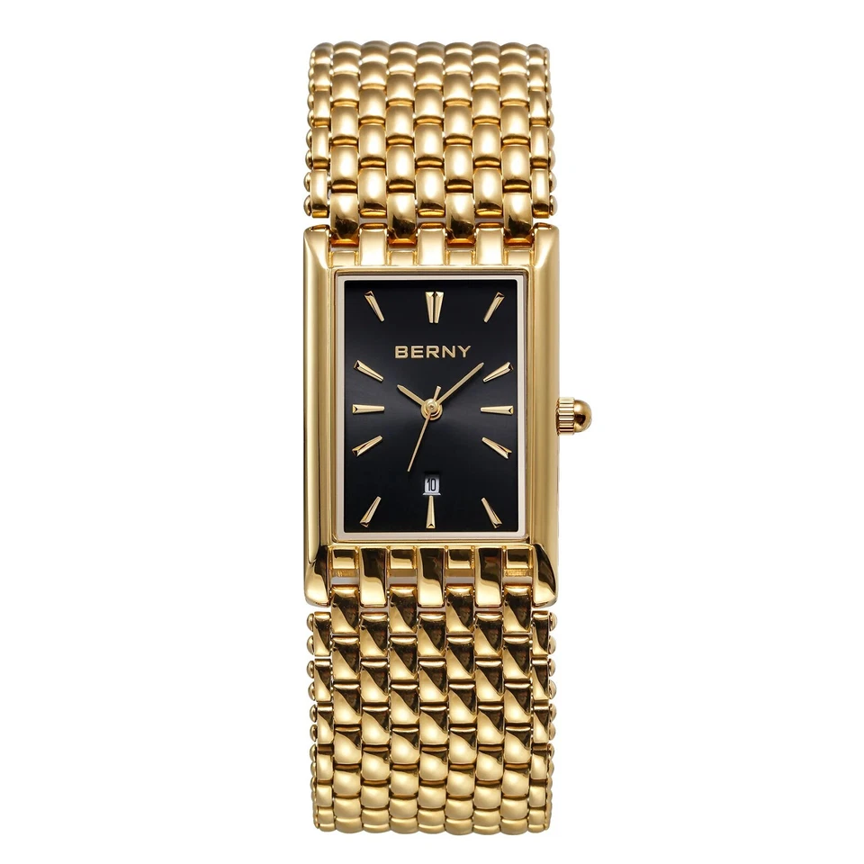 Reloj dorado esfera negra reloj rectangular hombre banda ancha elegancia diseño elegante Foto 3 de 4