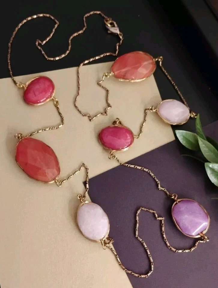 Collar de cadena de 38" tono oro envejecido de piedra (ágata/cuarzo) envuelto real! Foto 3 de 4