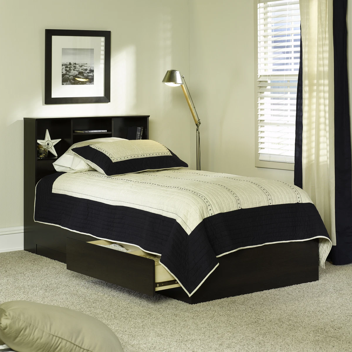 Twin size storage bed sale with bookcase headboard