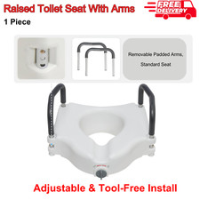 Raised Toilet Seat with Padded Arms 2in1, 5" Lift, Adjustable, Tool-Free Install