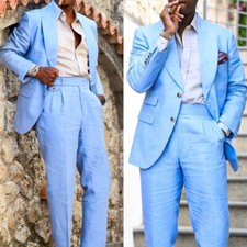 Men's Blue Linen Blend Suit Shawl Collar Jacket Summer Casual Daily Style Blazer