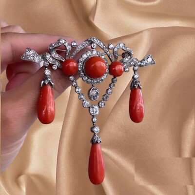 #ad Coral Dangle Drop Victorian Brooch Pendant Jewelry 925 Sterling Silver Jewelry $516.57