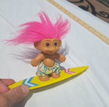 Vintage Russ Troll 5" Doll Surfer Pink Hair Striped Shorts Surfboard 1990s