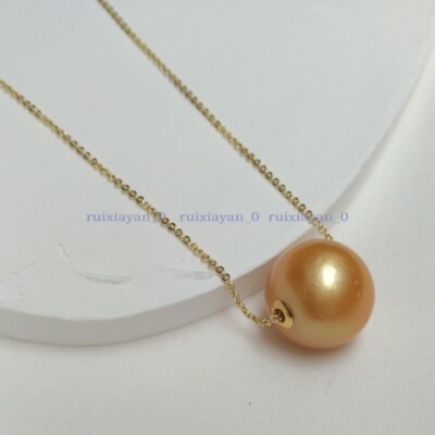 19" Huge 13-14mm Round Natural South Sea Golden Pearl Necklace 14k Gold ...
