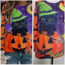Halloween Cat in Pumpkin Graphic Long Sleeve Sweatshirt Size Large Colorful Y2K