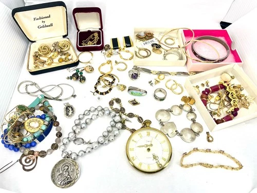Estate Vintage Costume Jewelry Lot Necklaces Earrings Ring Bracelet Pocket Watch