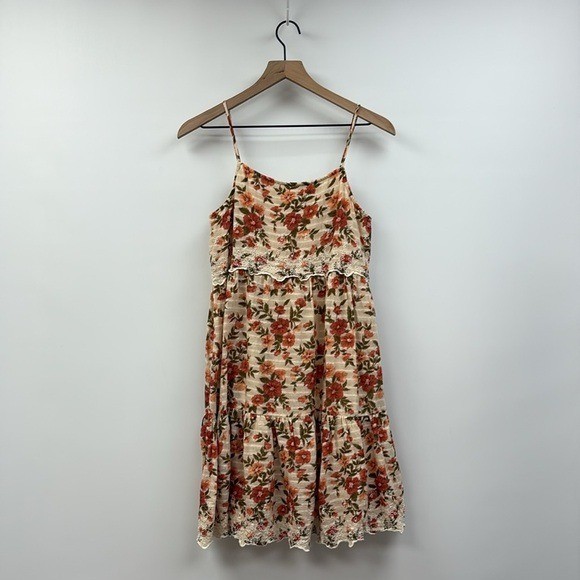 American Eagle Autumn Floral Embroidered Tiered Swing Mini Dress Beige Small