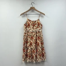 American Eagle Autumn Floral Embroidered Tiered Swing Mini Dress Beige Small