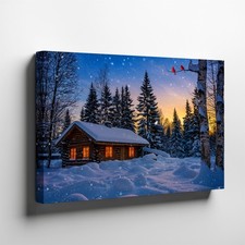 Cozy Log Cabin Nestled In A Snowy Landscape Surrounded By Wall Art Canvas Print