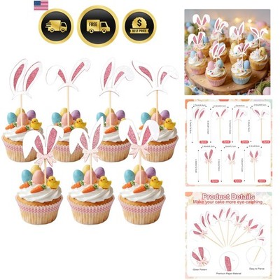 Easter Cupcake Toppers, 24 Pcs Easter Bunny Ear Cupcake Toppers, Glitter Pink...