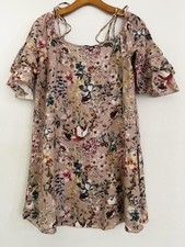 Zara Dress Womens S Brown Floral Linen Off Shoulder Ruffle Sleeve Short Sundress