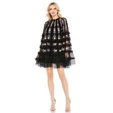 Mac Duggal Floral Embroidered Rose A-Line Mini Cape Dress Black Size 12 NWT