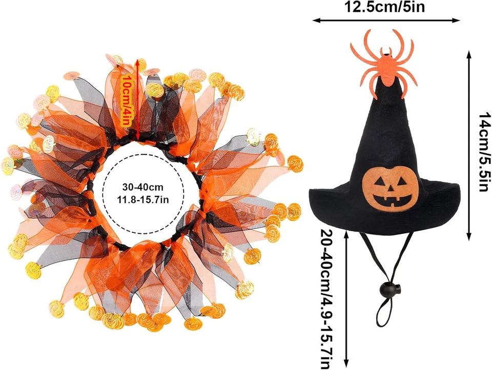 2 Piezas Gato Halloween Bruja Disfraz Traje - Mascota Bruja Calabaza Sombrero y Cuello Tutú, Foto 2 de 4