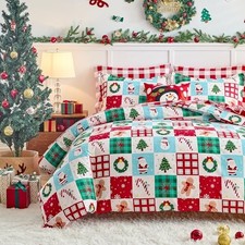3 Pieces Christmas Duvet Cover Set, Red Green Holiday Queen- 90"x90" Plaid