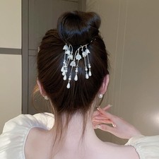 Crystal Ponytail Buckle Hair Clip Pearl Flower Long Tassel Gold Bun Claw