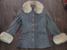 Vintage Gray Suede Leather Coat Tibetan Lamb Fur Collar Cuffs 1950s 1960s