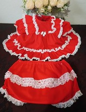 Beautiful Vintage Mini World Dress  Bloomers Set-6-9 Months-Red  White