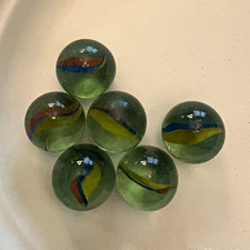 Lot of 6 Cat's Eye Glass Toy Marbles Green Yellow Blue Swirl Machine Made