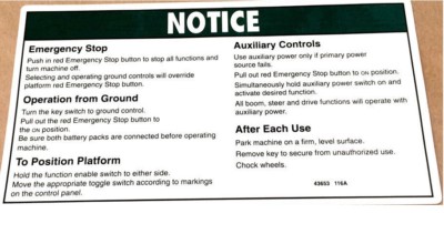FOR GENIE Z-20/8 DECAL, NOTICE - (GROUND CONTROL OPERATING INSTRUCTIONS) 43653