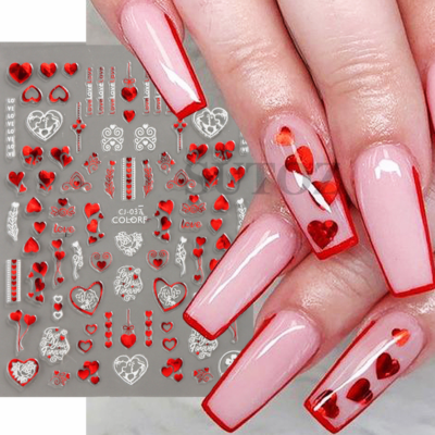 Valentine's Day Heart Nail Stickers - 8 Sheets Holographic Red & Black Nail Art Decals