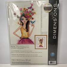 Spring Time Counted Cross Stitch Kit Flowers Birds Butterflies Woman in Dress