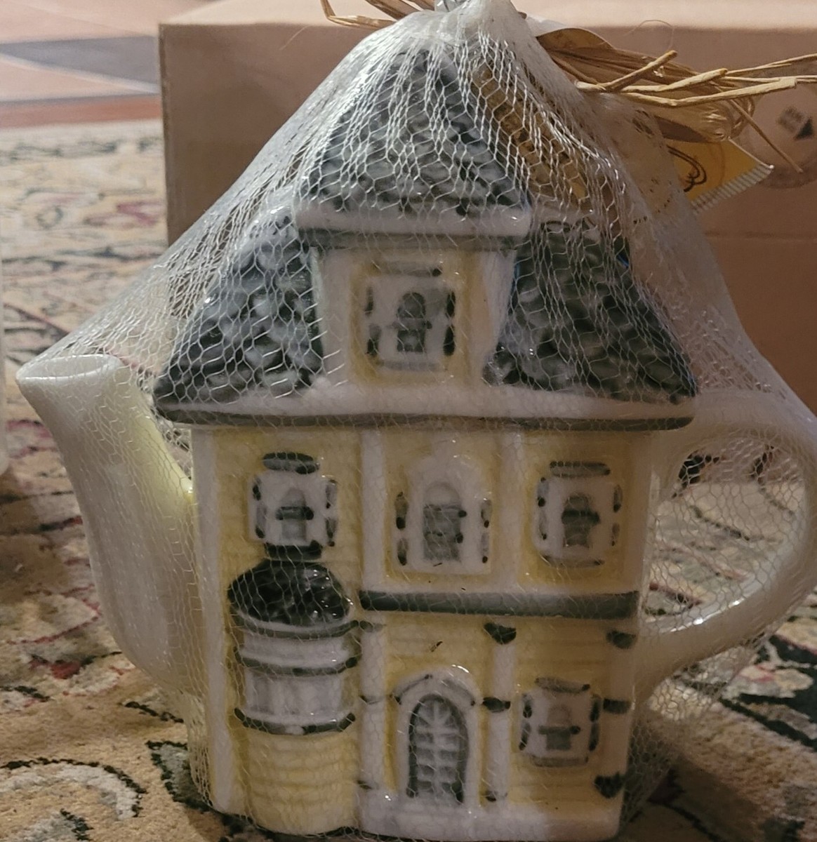 Vintage Victorian Row House Yellow Black TEA POT Made In Japan