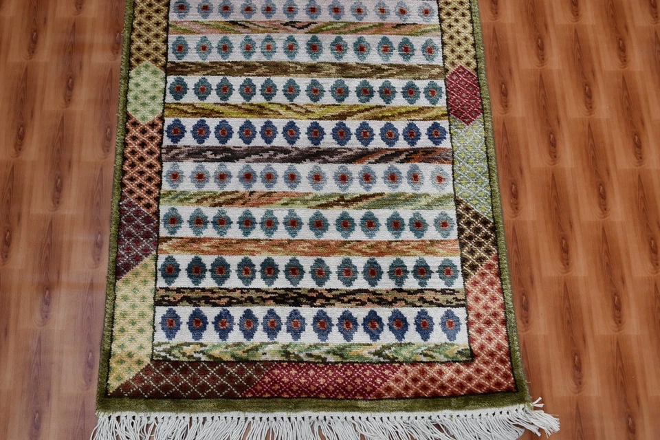 Striped Rug Hand Knotted Area Rug Oriental Multicolor 2x6 Corridor Décor - Image 4 of 4