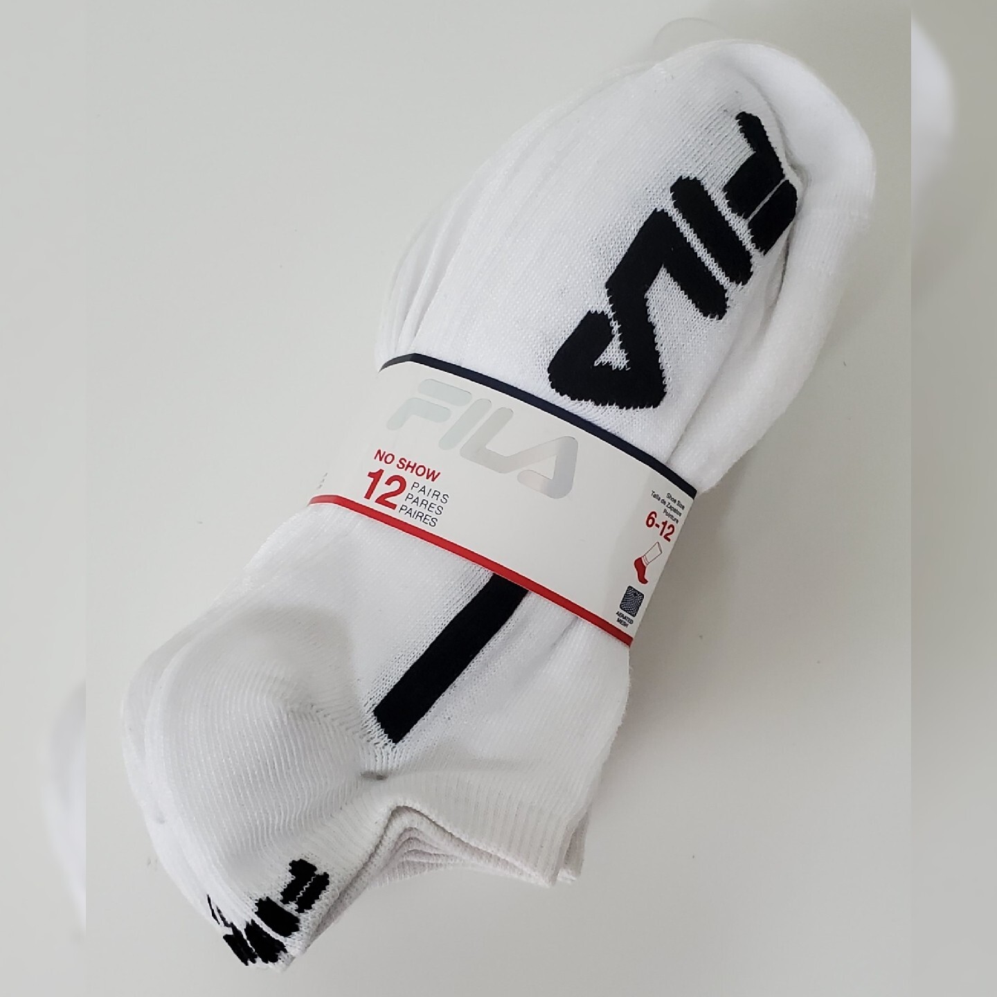FILA No Show Athletic Socks 12 Pairs - White Black Big Logo for Shoe Size 6-12
