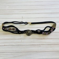 Vintage Medallian Gold Lion Head Logo Buckle Black Braided Beaded Rope Belt