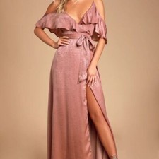 Lulus Women's Moriah Rose Satin Cold-Shoulder Maxi Wrap Dress Size XS