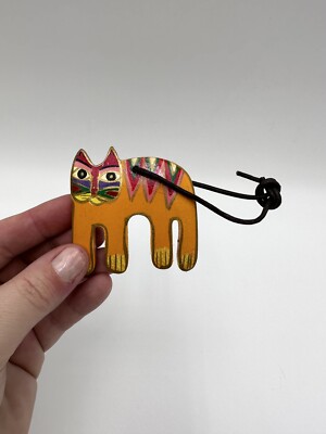 Anhänger Holz Katze Laurel Burch USA Bunt Abstrakt Handbemalt Signiert Vintage