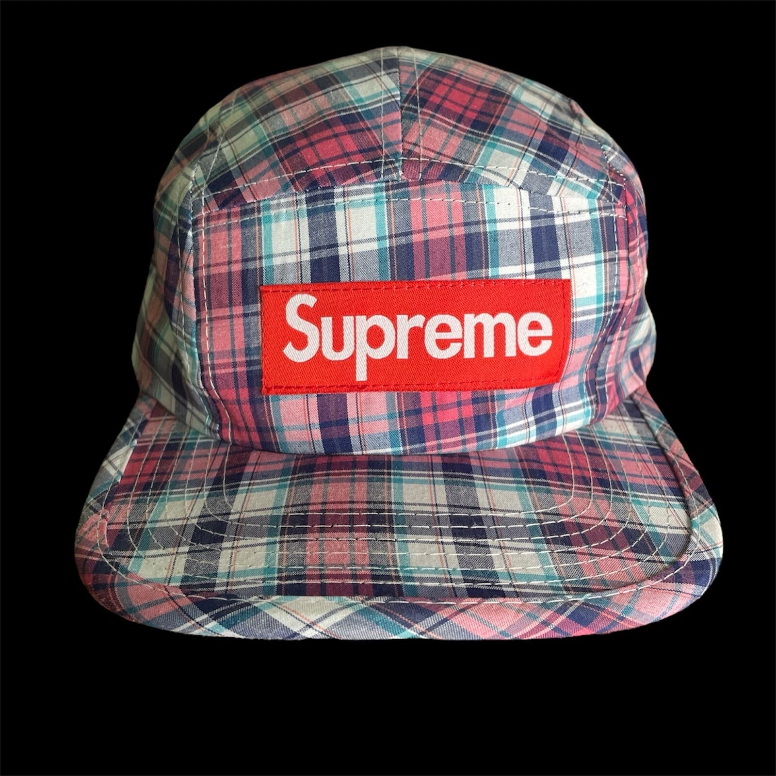 Capuchon de poche arrière bouton instantané suprême camp plat bill rose/sarcelle/bleu plaid neuf avec étiquette