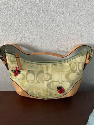 Coach Shoulder Bag Signature Logo Vintage Ladybug Rhinestones Beige Green Charm