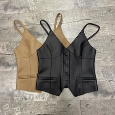 New Sheepskin Leather Suspenders Slim V-neck Vest Women's Short Jackets Gilets 