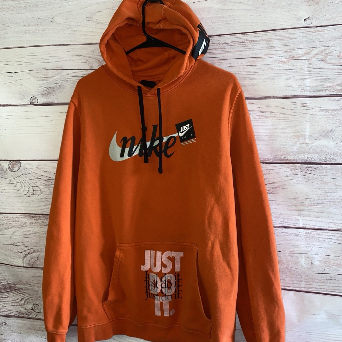 Nike Just Do It Hoodie Mens Large Orange Pullover Swoosh Graphic