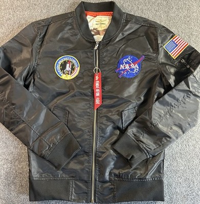 NASA Apollo Bomber Jacket Men s Size M Black 100th Space Shuttle Mission Patches