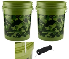 2 Green 5 Gal. Camo Pail, Camouflage Print Bucket for Mixing Paint and Gardening