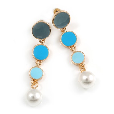 Blau/grau/aquamarin Emaille abgestufte Scheibe Ohrhänger in goldfarben - 55 mm lang