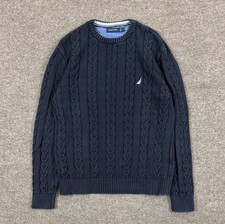 Nautica Navy Blue Cable-knit Crewneck Pullover Sweater Mens L 100 Cotton Preppy